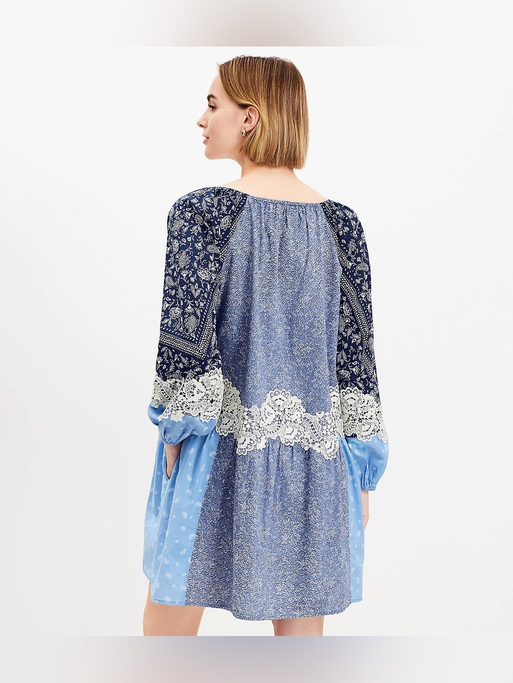 Loft Blue Boho Lace Trim Peasant mini Dress cottage poplin balloon sleeve L cos - Picture 3 of 13